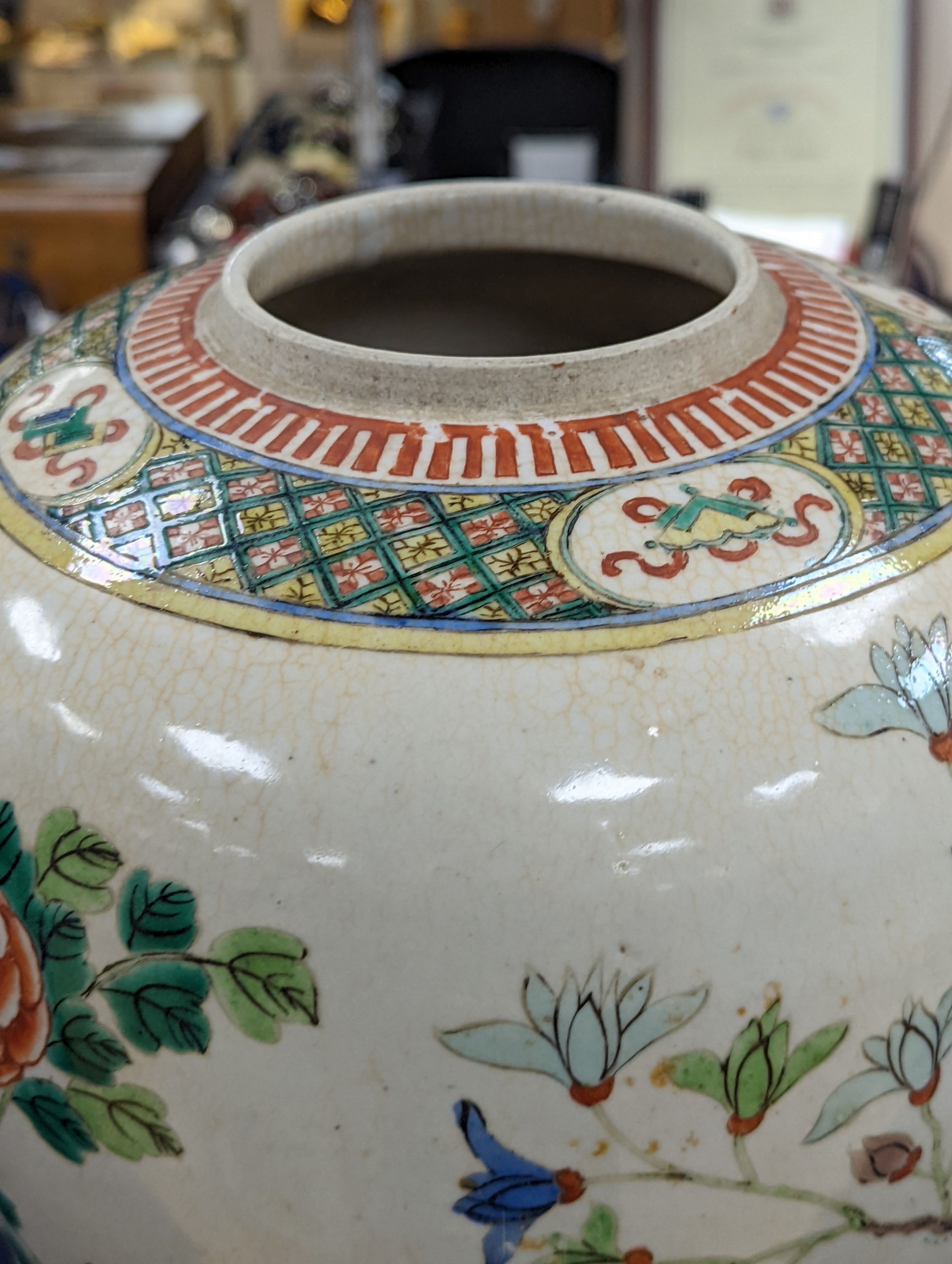 An early 20th century Chinese famille verte crackle glaze jar, 30cm